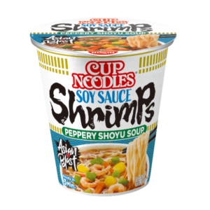 Nissin Cup noodles soy sauce shrimp flavour peppery shoyu soup