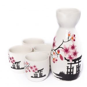  Sake set wit met roze Japanse bloemen